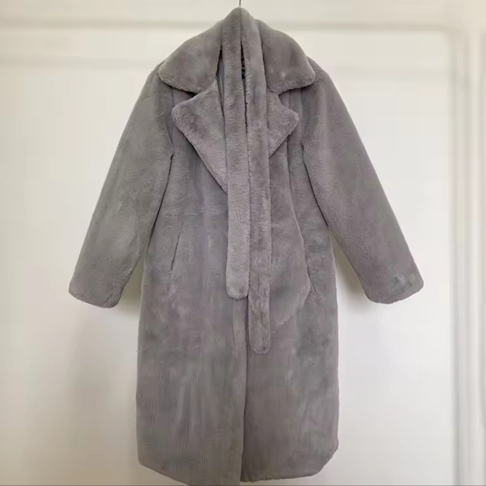 Luxury Winter Long Overcoats Women Oversized Lapel Belted Faux Rabbit Fur Coat - Picture 15 of 16